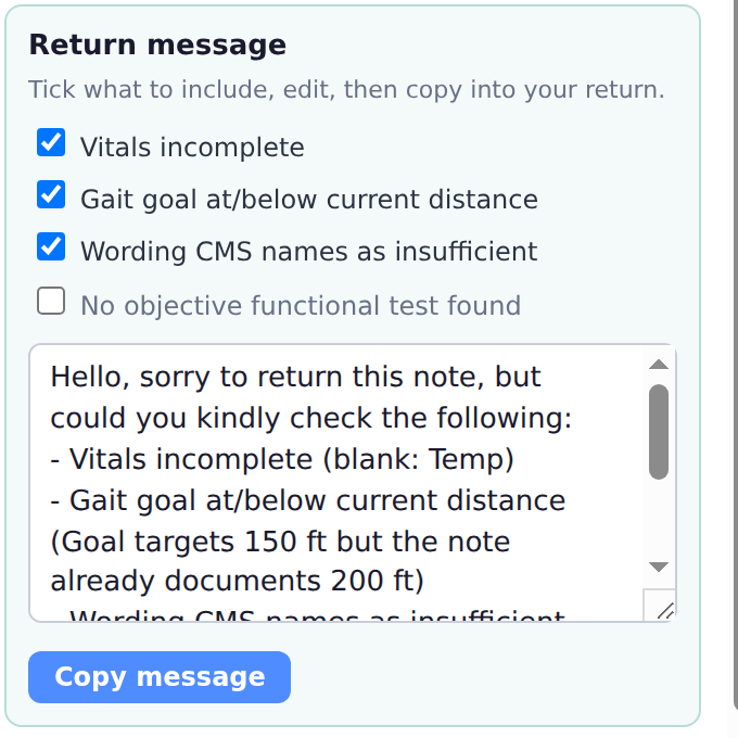 The QA edition: findings without suggested wording, and a return message built from them, ready to copy.