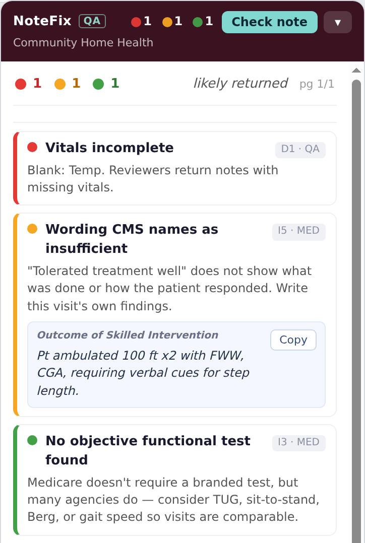 The NoteFix QA panel after a check, showing one flag of each colour: red, vitals incomplete because temperature is blank; yellow, the phrase tolerated treatment well, with a replacement sentence built from the visit's recorded values; green, no objective functional test found.