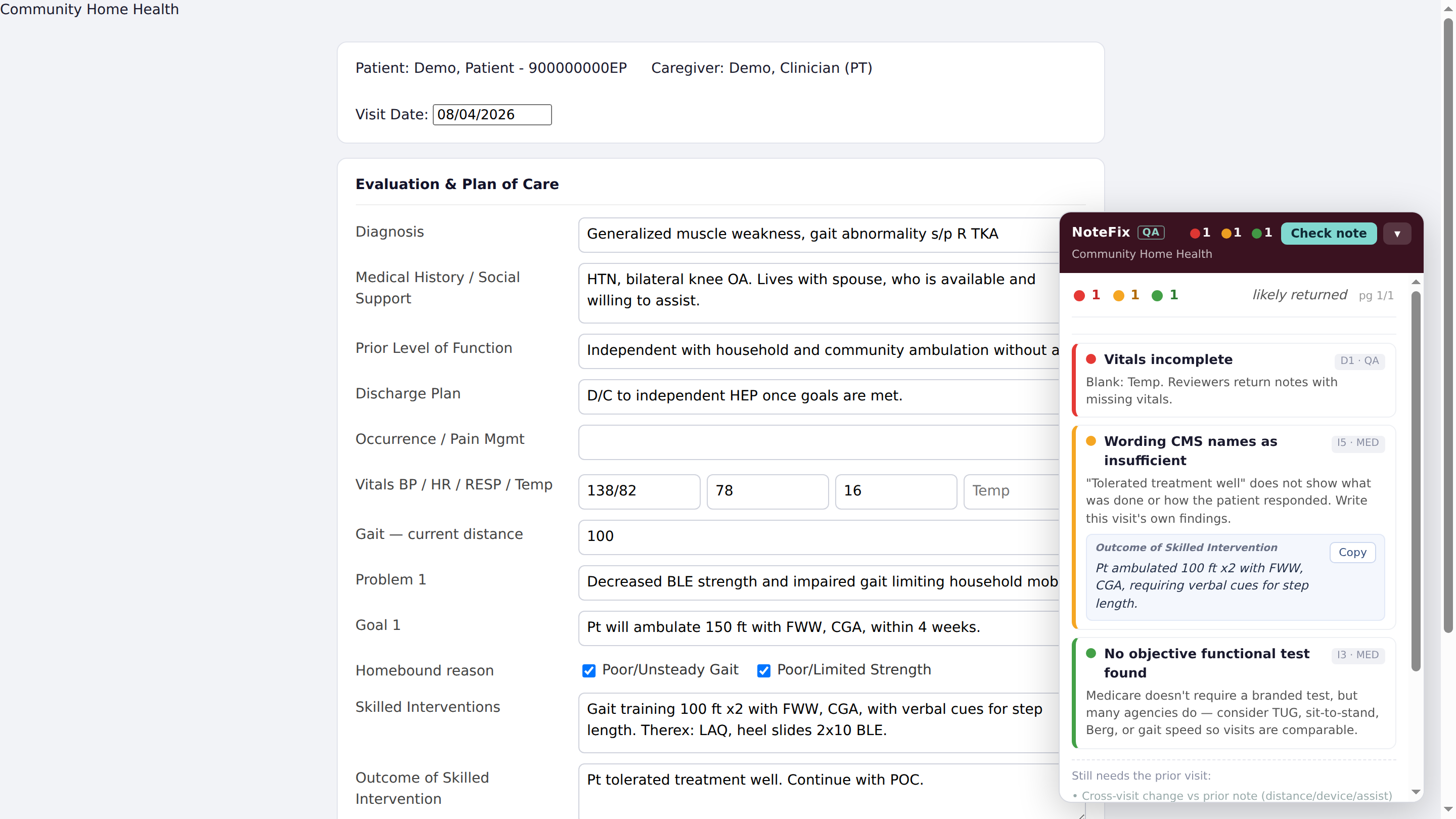 The NoteFix QA panel open beside a fictional visit note in the browser.